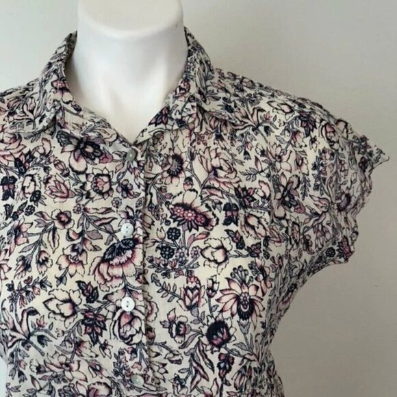 NEW RACHEL ZOE Cream Pink Floral 100% Peplum Cropped Short Sleeve Button Down - Picture 3 of 7
